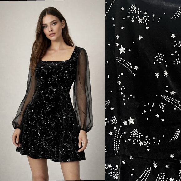 Dresses & Skirts - Black Velvet Sparkly Celestial Gothic Mini Dress XL Stars Fairy Grunge Witchy